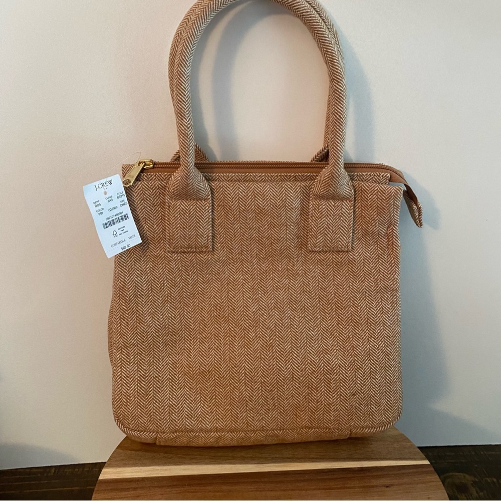 J.Crew Small Houndstooth Structured Tan Tote Zippered Bag New NWT